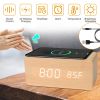 Digital Alarm Clock Qi-Wireless Charger Time Temperature Calendar Display Clock w/ Voice Control Brightness Adjustment (Bamboo Color)