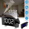 Projection Alarm Clock with Radio Function 7.7In Curved-Screen LED Digital Alarm Clock w/ Dual Alarms 4 Dimmer 12/24 Hour USB Charging Port 180° Rotat