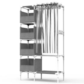 Portable Closet Wardrobe Clothes Storage Cabinet Organizer Garment Hanging Rack Shelves with 4 Storage Bags 1 Shelf 1 Hanging Rod 4 Hooks (Option: Grey)