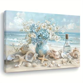 1 Piece Framed Wooden Canvas Painting, One Piece Blue Vase Floral Canvas Print, Wooden Frame Wall Art, Shell And Ocean Theme, Home And Office Dec (Option: 16X12inch)
