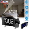 Projection Alarm Clock with Radio Function 7.7In Curved-Screen LED Digital Alarm Clock w/ Dual Alarms 4 Dimmer 12/24 Hour USB Charging Port 180° Rotat