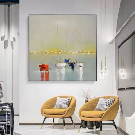 Ocean Wall Art Canvas Oil Painting Sunrise Bathroom Handmade Boat Landscape Posters Picture for Bedroom Beach House Decor (size: 120x120cm)