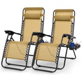 2Packs Zero Gravity Lounge Chair w/ Dual Side Tray 330lbs Load Foldable Recliner Chair w/ Stress Relief Pillow Patio Poolside Beach Lying Chair (Option: Tan)